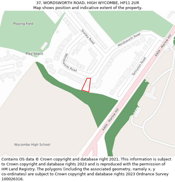 37, WORDSWORTH ROAD, HIGH WYCOMBE, HP11 2UR: Location map and indicative extent of plot