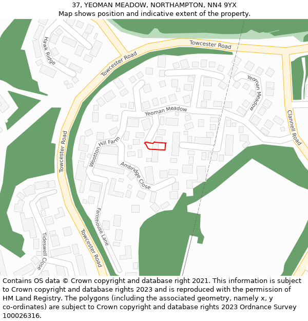 37, YEOMAN MEADOW, NORTHAMPTON, NN4 9YX: Location map and indicative extent of plot