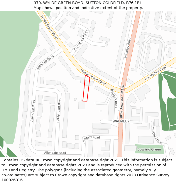 370, WYLDE GREEN ROAD, SUTTON COLDFIELD, B76 1RH: Location map and indicative extent of plot