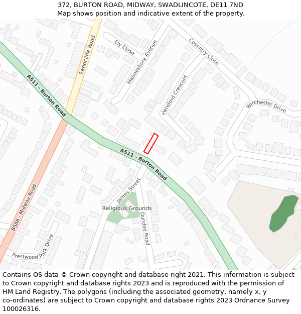 372, BURTON ROAD, MIDWAY, SWADLINCOTE, DE11 7ND: Location map and indicative extent of plot