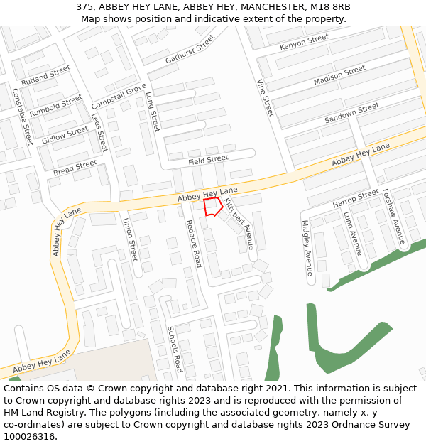 375, ABBEY HEY LANE, ABBEY HEY, MANCHESTER, M18 8RB: Location map and indicative extent of plot