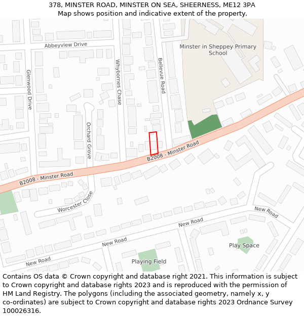 378, MINSTER ROAD, MINSTER ON SEA, SHEERNESS, ME12 3PA: Location map and indicative extent of plot