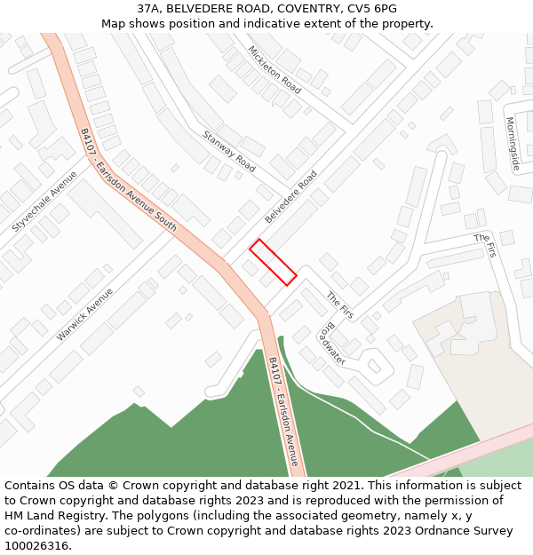 37A, BELVEDERE ROAD, COVENTRY, CV5 6PG: Location map and indicative extent of plot