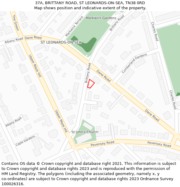 37A, BRITTANY ROAD, ST LEONARDS-ON-SEA, TN38 0RD: Location map and indicative extent of plot