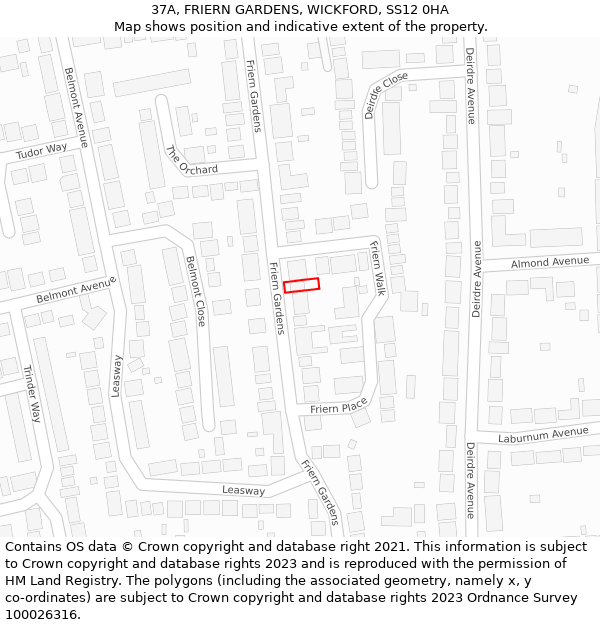 37A, FRIERN GARDENS, WICKFORD, SS12 0HA: Location map and indicative extent of plot