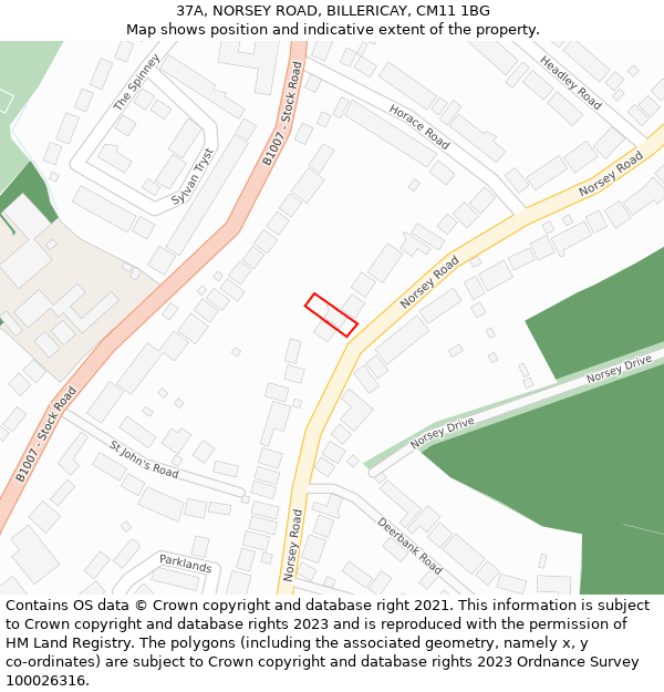 37A, NORSEY ROAD, BILLERICAY, CM11 1BG: Location map and indicative extent of plot