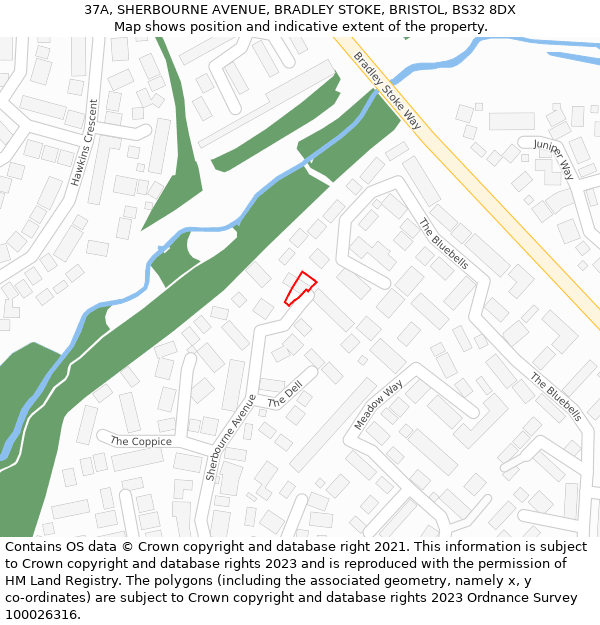 37A, SHERBOURNE AVENUE, BRADLEY STOKE, BRISTOL, BS32 8DX: Location map and indicative extent of plot