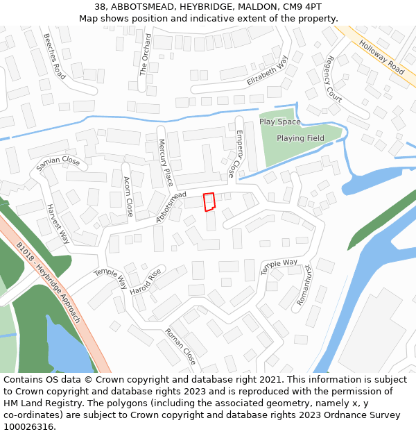 38, ABBOTSMEAD, HEYBRIDGE, MALDON, CM9 4PT: Location map and indicative extent of plot