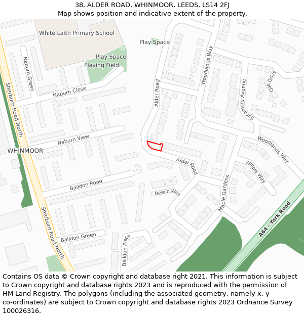 38, ALDER ROAD, WHINMOOR, LEEDS, LS14 2FJ: Location map and indicative extent of plot