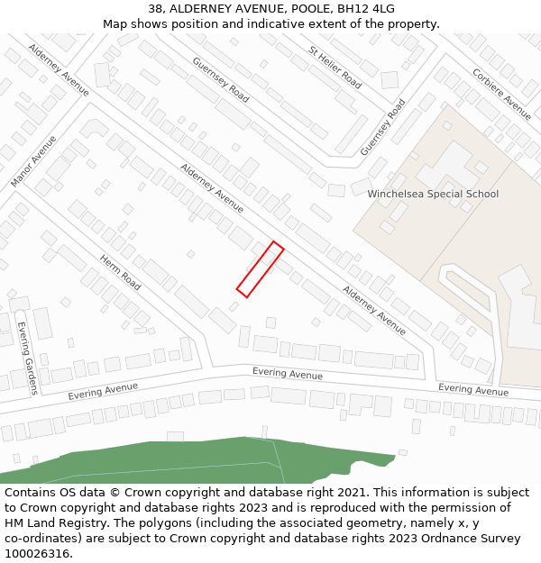 38, ALDERNEY AVENUE, POOLE, BH12 4LG: Location map and indicative extent of plot