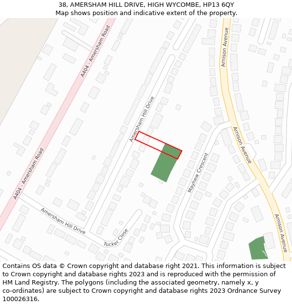 38, AMERSHAM HILL DRIVE, HIGH WYCOMBE, HP13 6QY: Location map and indicative extent of plot