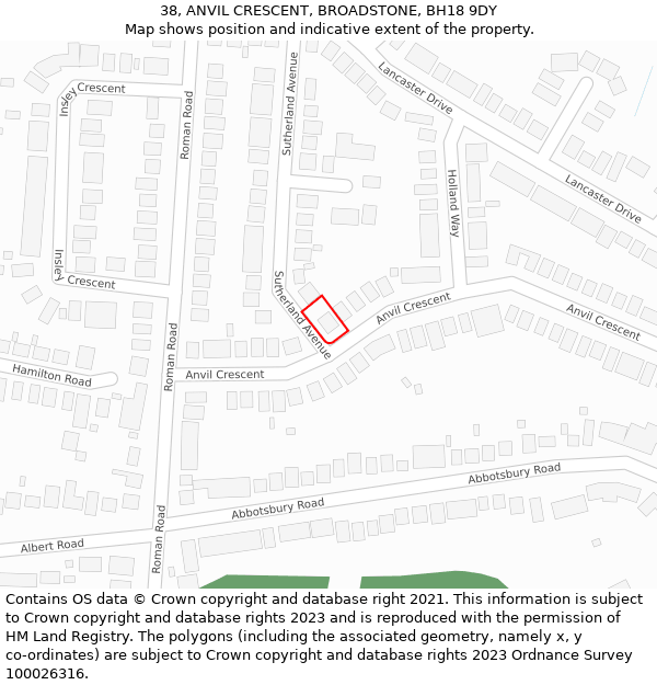 38, ANVIL CRESCENT, BROADSTONE, BH18 9DY: Location map and indicative extent of plot