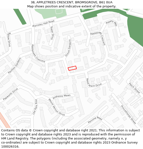 38, APPLETREES CRESCENT, BROMSGROVE, B61 0UA: Location map and indicative extent of plot