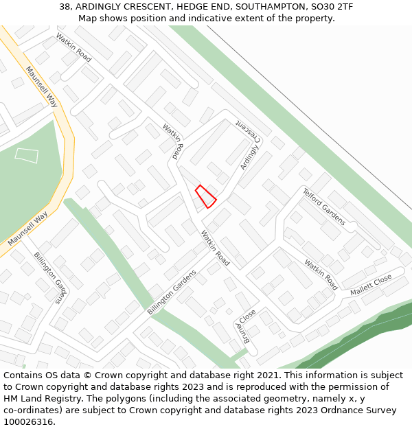 38, ARDINGLY CRESCENT, HEDGE END, SOUTHAMPTON, SO30 2TF: Location map and indicative extent of plot