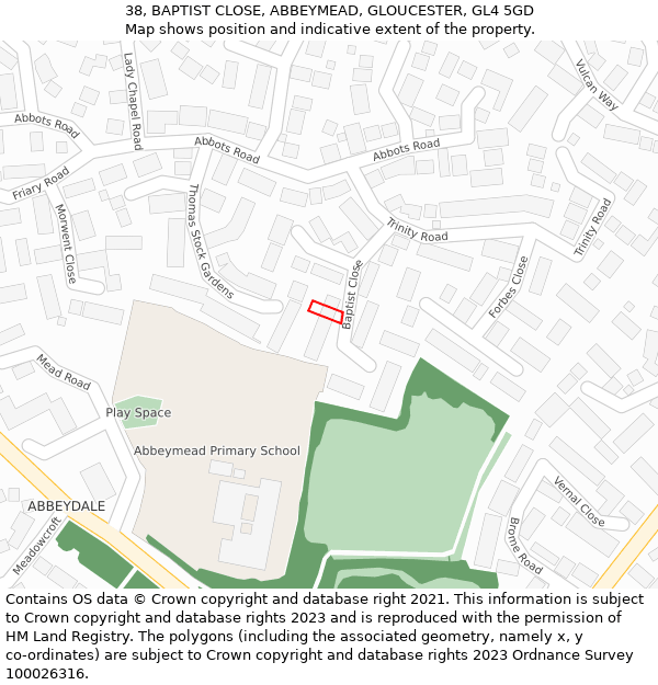 38, BAPTIST CLOSE, ABBEYMEAD, GLOUCESTER, GL4 5GD: Location map and indicative extent of plot