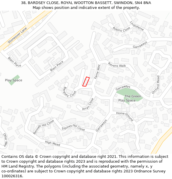 38, BARDSEY CLOSE, ROYAL WOOTTON BASSETT, SWINDON, SN4 8NA: Location map and indicative extent of plot