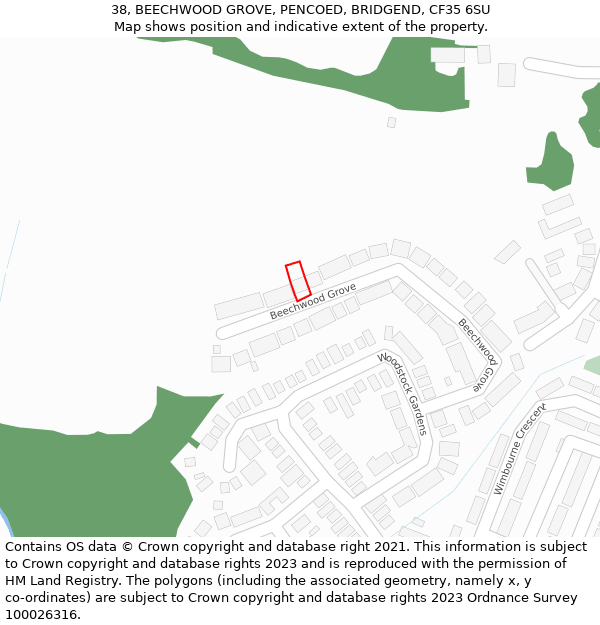 38, BEECHWOOD GROVE, PENCOED, BRIDGEND, CF35 6SU: Location map and indicative extent of plot