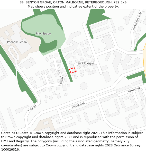 38, BENYON GROVE, ORTON MALBORNE, PETERBOROUGH, PE2 5XS: Location map and indicative extent of plot