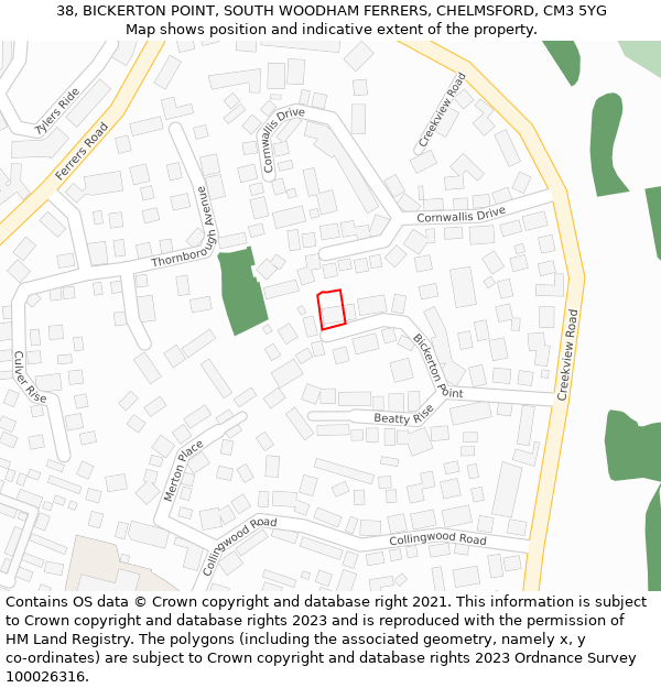 38, BICKERTON POINT, SOUTH WOODHAM FERRERS, CHELMSFORD, CM3 5YG: Location map and indicative extent of plot