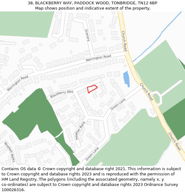 38, BLACKBERRY WAY, PADDOCK WOOD, TONBRIDGE, TN12 6BP: Location map and indicative extent of plot
