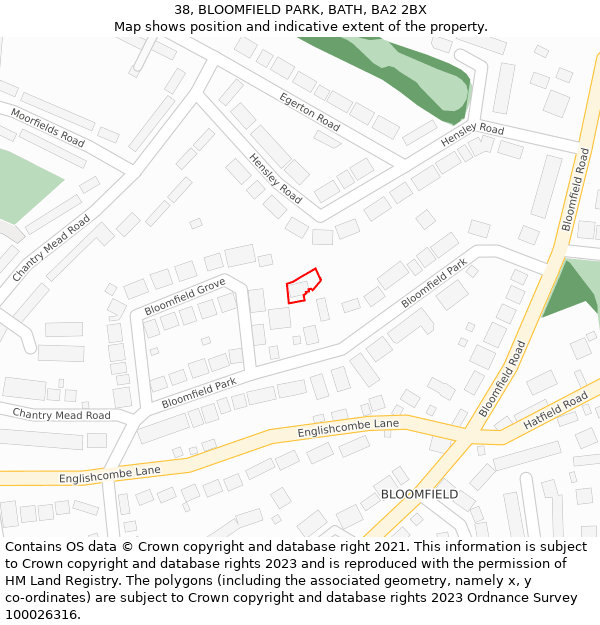 38, BLOOMFIELD PARK, BATH, BA2 2BX: Location map and indicative extent of plot