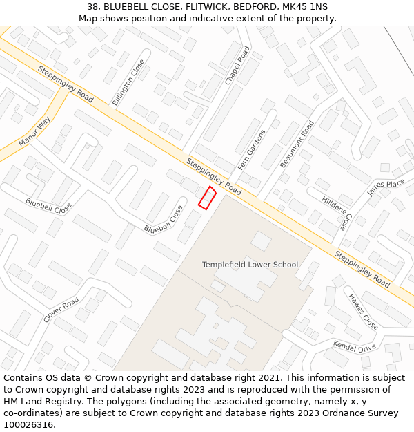 38, BLUEBELL CLOSE, FLITWICK, BEDFORD, MK45 1NS: Location map and indicative extent of plot