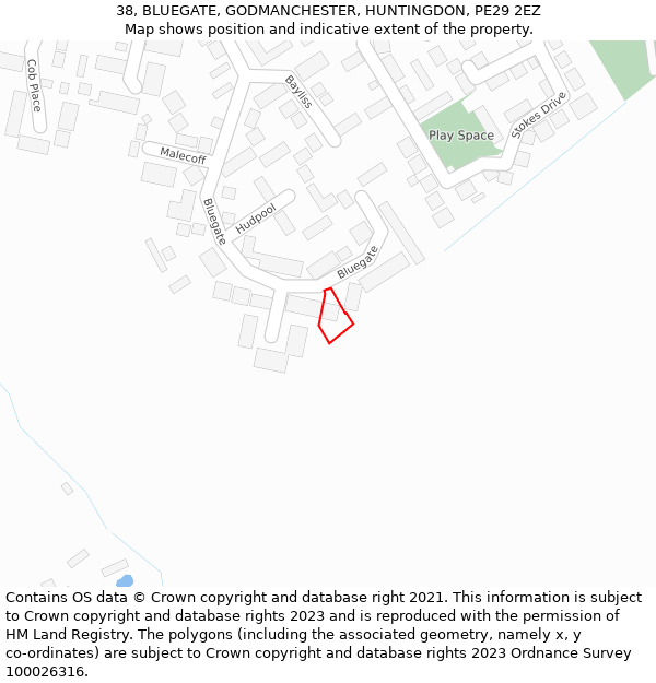 38, BLUEGATE, GODMANCHESTER, HUNTINGDON, PE29 2EZ: Location map and indicative extent of plot