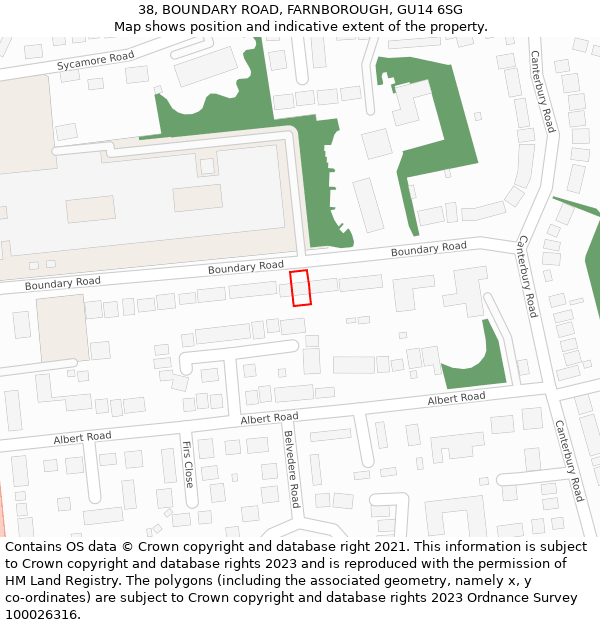 38, BOUNDARY ROAD, FARNBOROUGH, GU14 6SG: Location map and indicative extent of plot