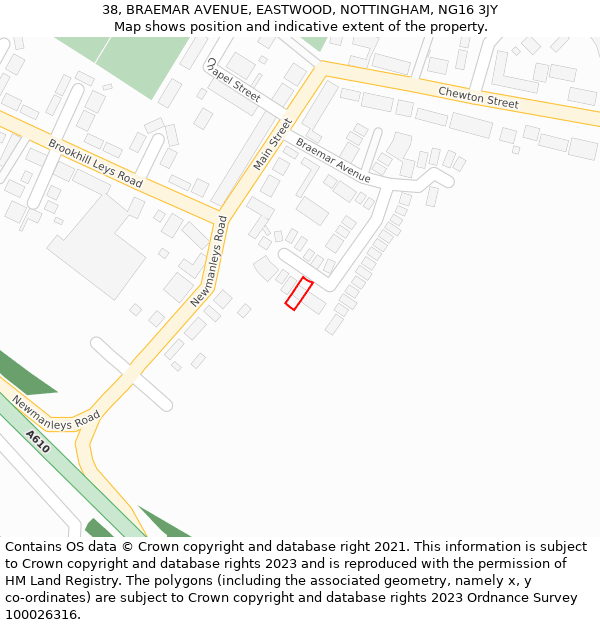 38, BRAEMAR AVENUE, EASTWOOD, NOTTINGHAM, NG16 3JY: Location map and indicative extent of plot