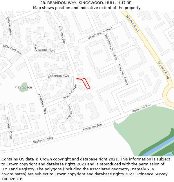 38, BRANDON WAY, KINGSWOOD, HULL, HU7 3EL: Location map and indicative extent of plot