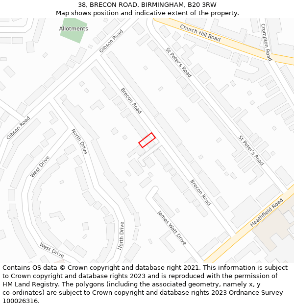 38, BRECON ROAD, BIRMINGHAM, B20 3RW: Location map and indicative extent of plot
