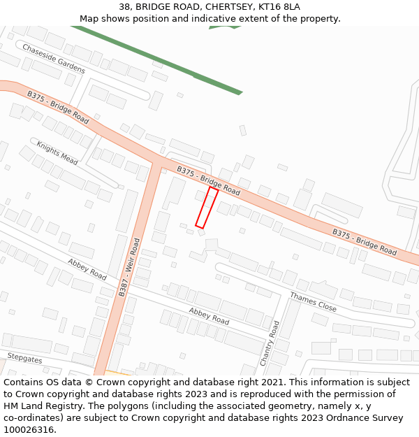 38, BRIDGE ROAD, CHERTSEY, KT16 8LA: Location map and indicative extent of plot