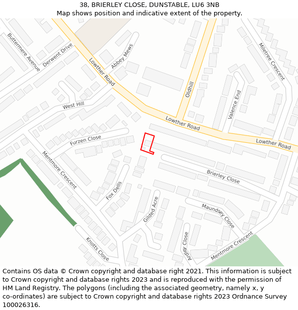 38, BRIERLEY CLOSE, DUNSTABLE, LU6 3NB: Location map and indicative extent of plot