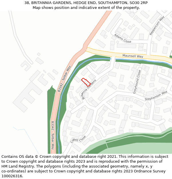 38, BRITANNIA GARDENS, HEDGE END, SOUTHAMPTON, SO30 2RP: Location map and indicative extent of plot