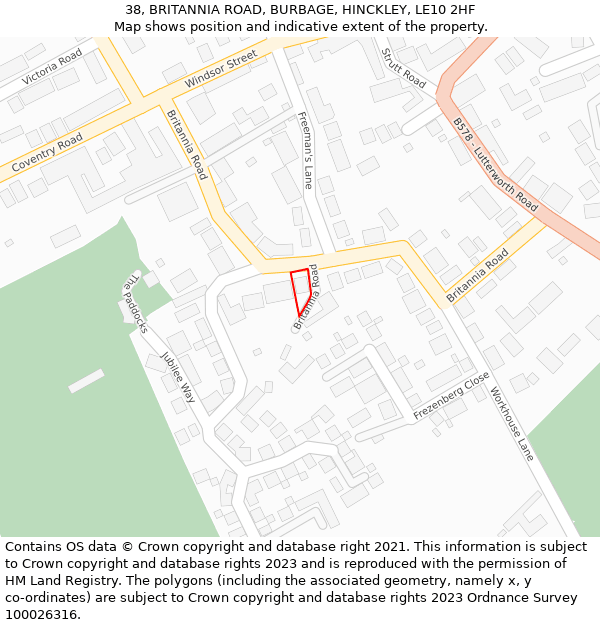 38, BRITANNIA ROAD, BURBAGE, HINCKLEY, LE10 2HF: Location map and indicative extent of plot