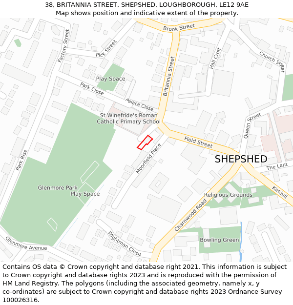 38, BRITANNIA STREET, SHEPSHED, LOUGHBOROUGH, LE12 9AE: Location map and indicative extent of plot
