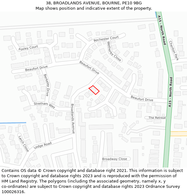 38, BROADLANDS AVENUE, BOURNE, PE10 9BG: Location map and indicative extent of plot