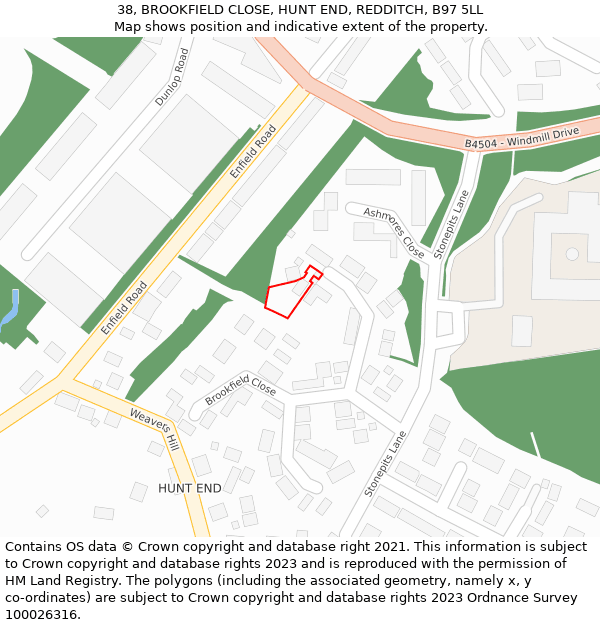 38, BROOKFIELD CLOSE, HUNT END, REDDITCH, B97 5LL: Location map and indicative extent of plot