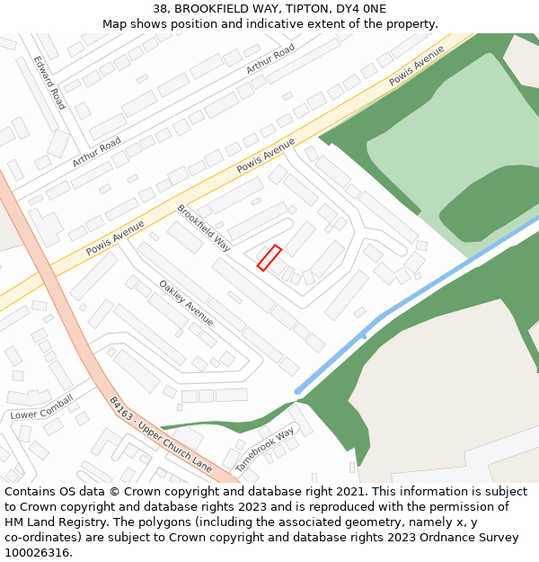 38, BROOKFIELD WAY, TIPTON, DY4 0NE: Location map and indicative extent of plot