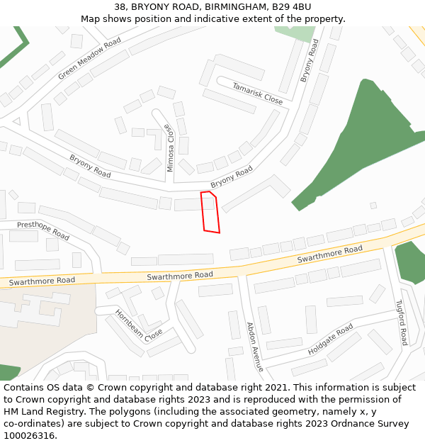 38, BRYONY ROAD, BIRMINGHAM, B29 4BU: Location map and indicative extent of plot