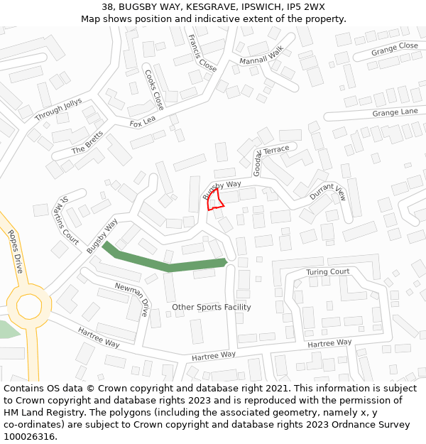 38, BUGSBY WAY, KESGRAVE, IPSWICH, IP5 2WX: Location map and indicative extent of plot