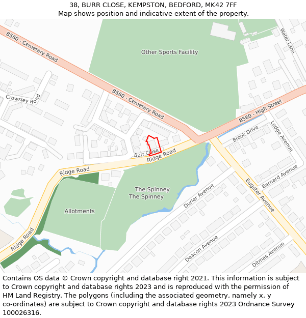 38, BURR CLOSE, KEMPSTON, BEDFORD, MK42 7FF: Location map and indicative extent of plot