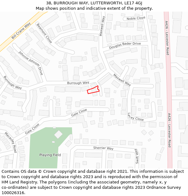 38, BURROUGH WAY, LUTTERWORTH, LE17 4GJ: Location map and indicative extent of plot