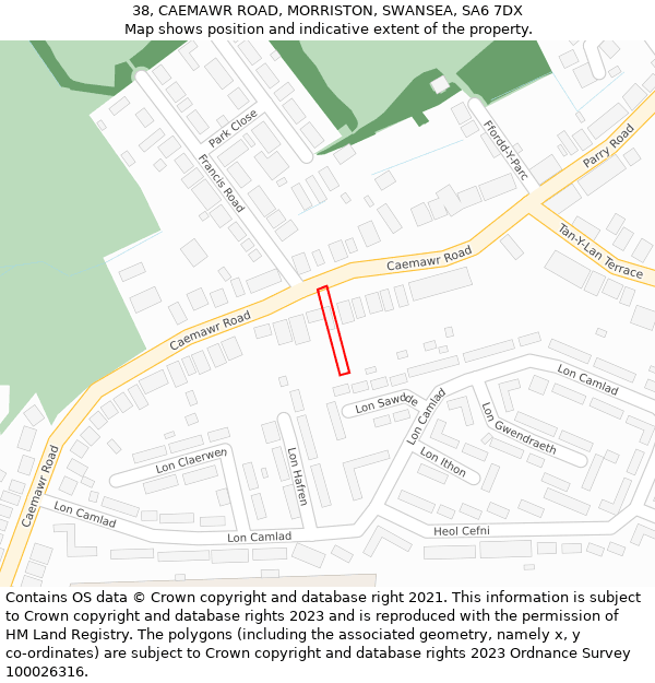 38, CAEMAWR ROAD, MORRISTON, SWANSEA, SA6 7DX: Location map and indicative extent of plot