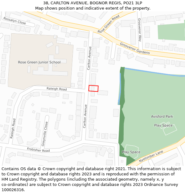 38, CARLTON AVENUE, BOGNOR REGIS, PO21 3LP: Location map and indicative extent of plot