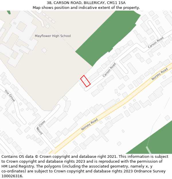38, CARSON ROAD, BILLERICAY, CM11 1SA: Location map and indicative extent of plot