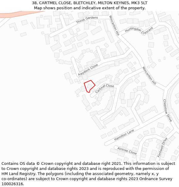 38, CARTMEL CLOSE, BLETCHLEY, MILTON KEYNES, MK3 5LT: Location map and indicative extent of plot