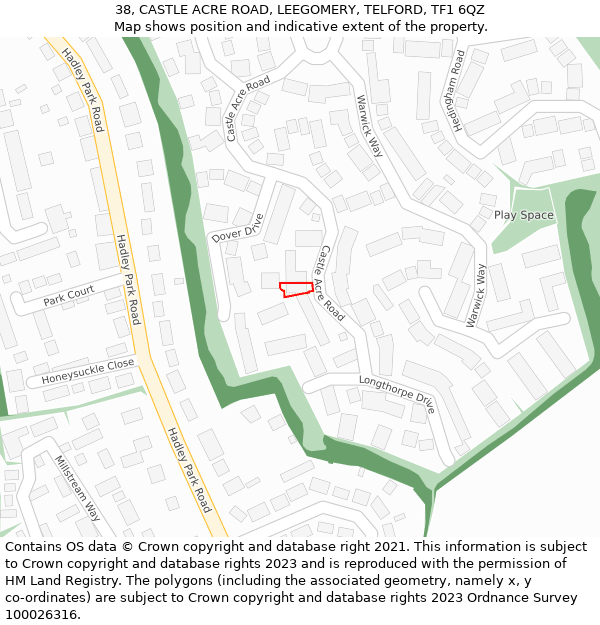 38, CASTLE ACRE ROAD, LEEGOMERY, TELFORD, TF1 6QZ: Location map and indicative extent of plot