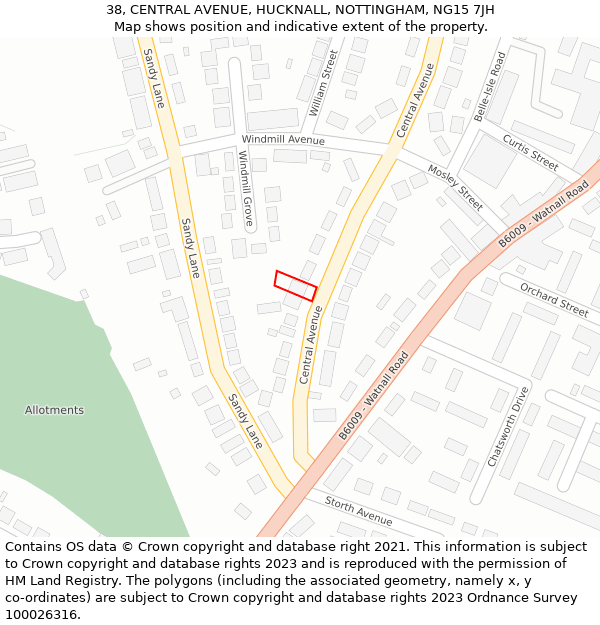 38, CENTRAL AVENUE, HUCKNALL, NOTTINGHAM, NG15 7JH: Location map and indicative extent of plot
