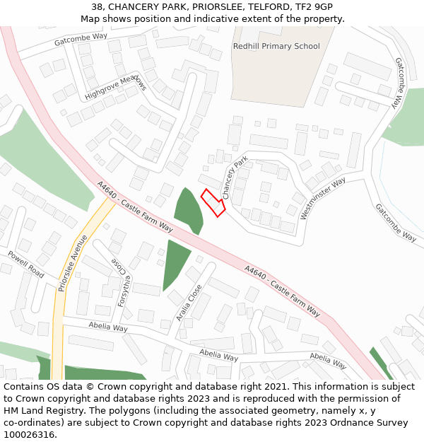 38, CHANCERY PARK, PRIORSLEE, TELFORD, TF2 9GP: Location map and indicative extent of plot